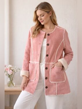 Blush Faux Suede Sherpa-Lined Jacket Ultra Soft Spring Layer • Cozy Chic